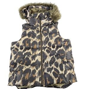 COACH Leopard Print Puffer Vest Fur‎ Hood Women's Size M